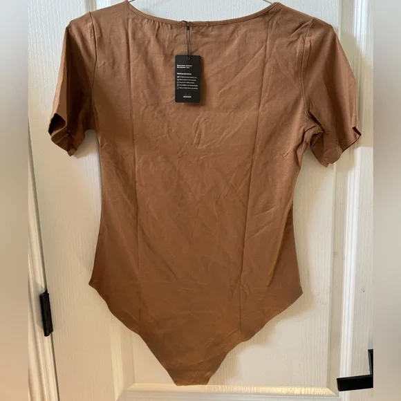 Brown Tan Short Sleeve Women's Top Bodysuit - Picture 2 of 2